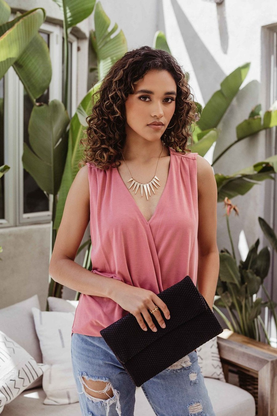 Clothing Veronica M Cupro Tops | The Everyday Cupro Surplice Tank-Light Marsala- Best Seller