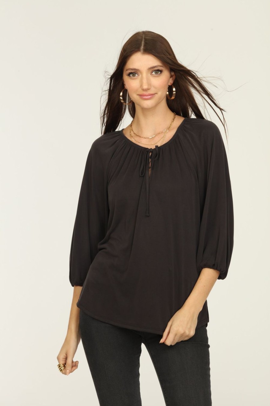 Clothing Veronica M Cupro Tops | Black Cupro Stretch Split Neck Top