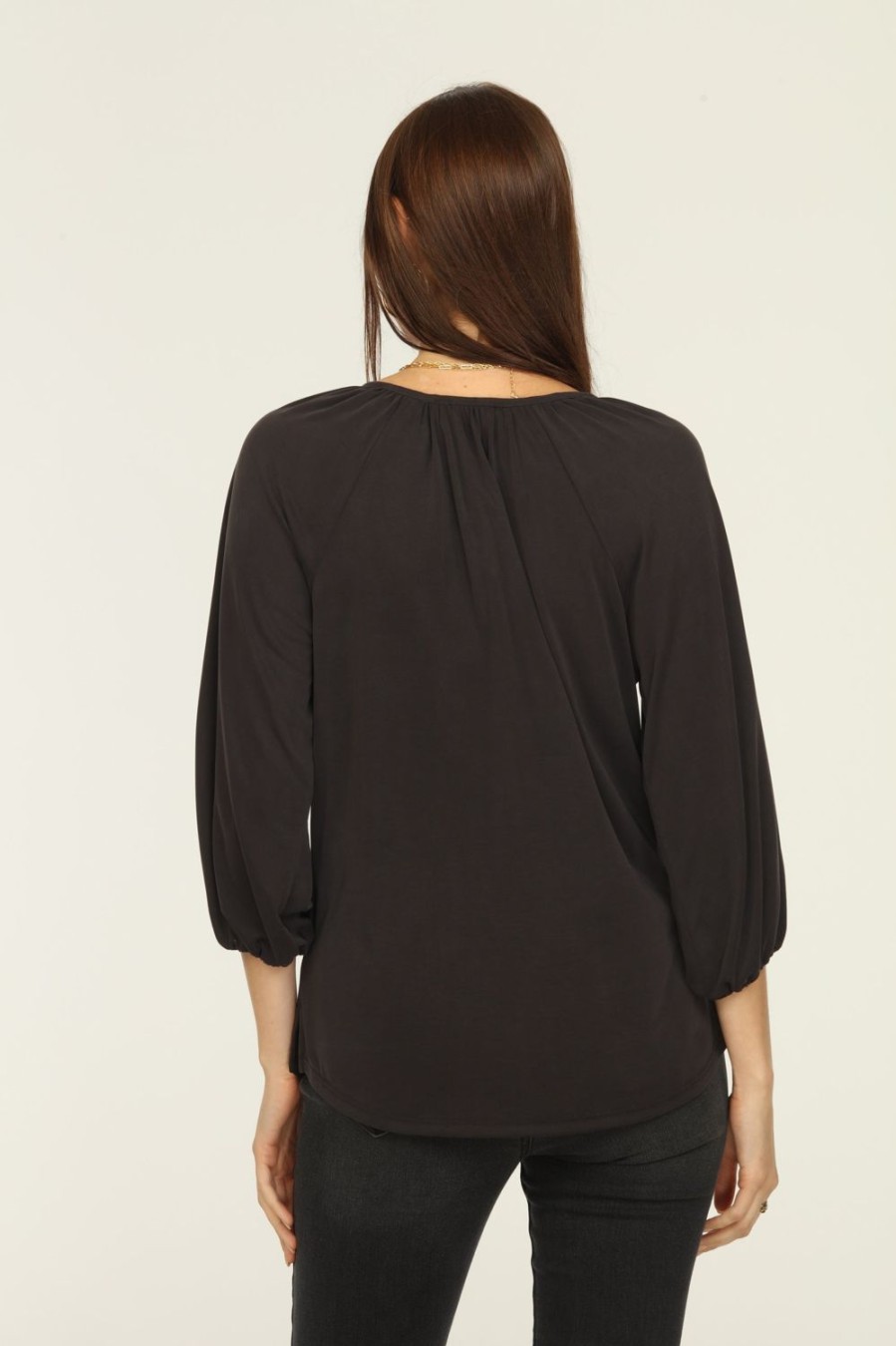 Clothing Veronica M Cupro Tops | Black Cupro Stretch Split Neck Top