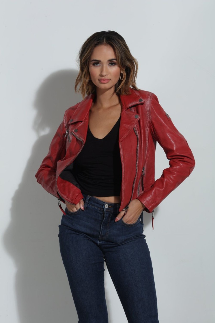 Clothing Veronica M Jackets + Blazers | Mauritius Christy Star Leather Jacket- Red-Best Seller