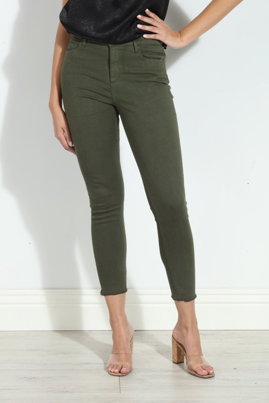 Clothing Veronica M Denim Shop | Tractr Mona High Rise Crop Fray Jeans - Olive