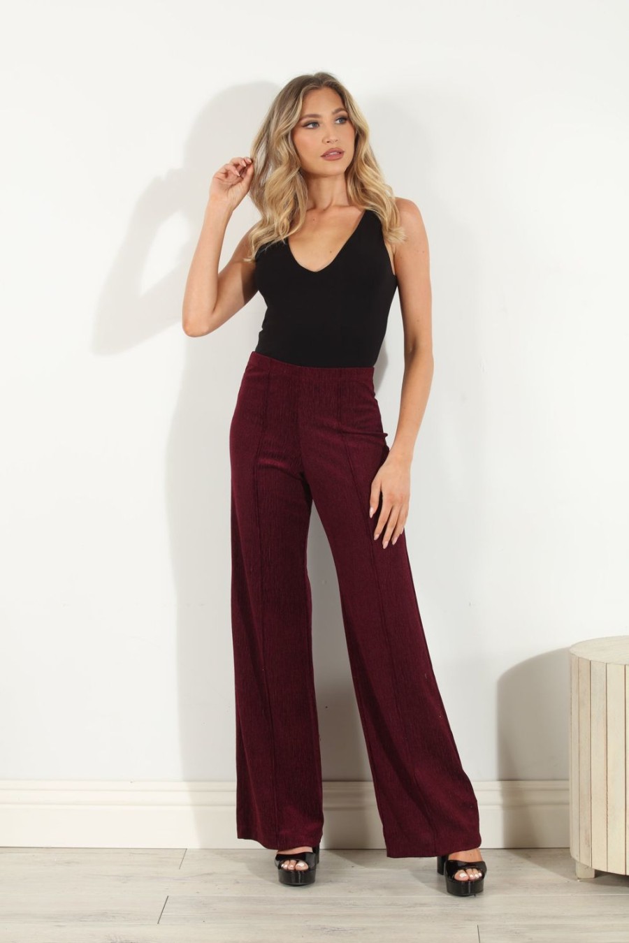 Clothing Veronica M Pants | Merlot Velvet Palazzo Leg Pants - Best Seller