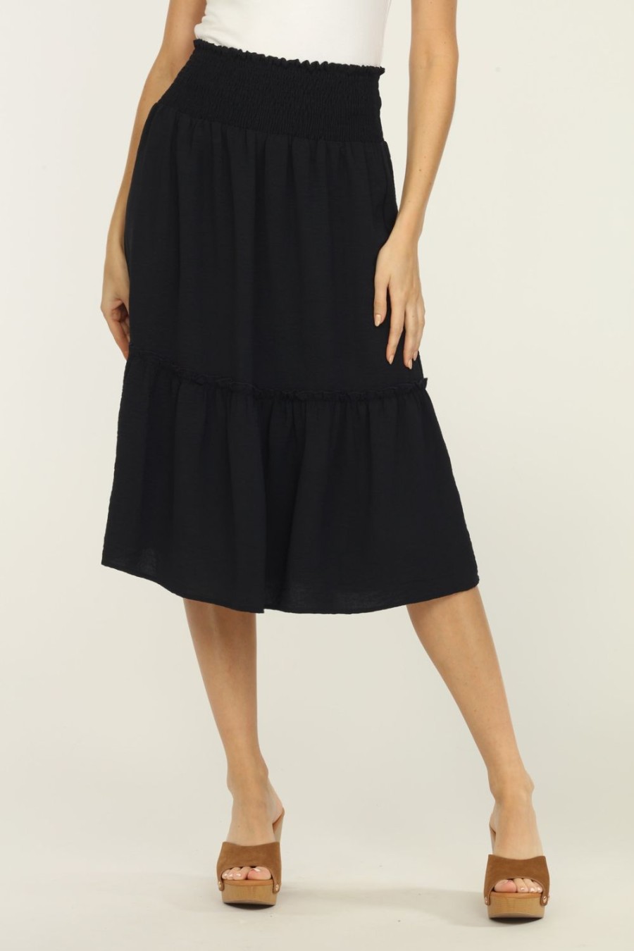 Clothing Veronica M Skirts | Navy Airflow Smocked Midi Skirt -