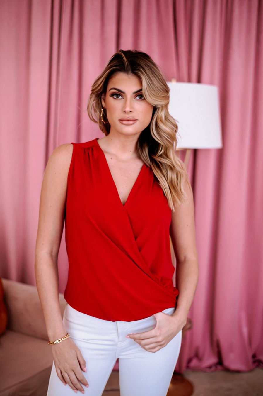 Clothing Veronica M Surplice Tops | Red Sleeveless Stretch Surplice Top - Best Seller