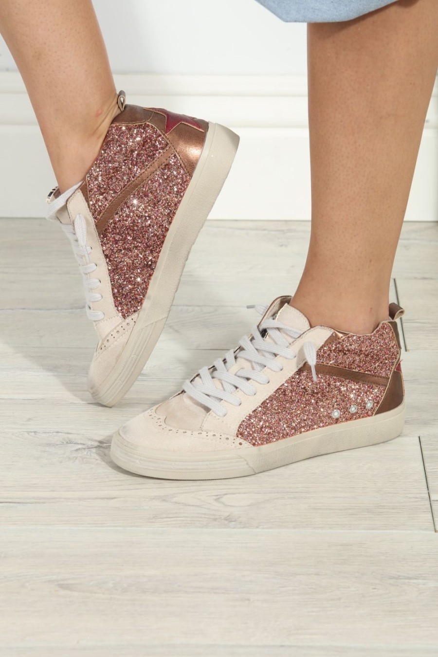 Accessories Veronica M | Riley Rose Gold Sparkle High-Top Sneakers-Best Sellers