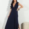 Clothing Veronica M Maxi Dresses | Navy Stretch Deep V Maxi Dress - Best Seller