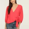 Vacation Veronica M | Coral Bubble Sleeve Wrap Blouse