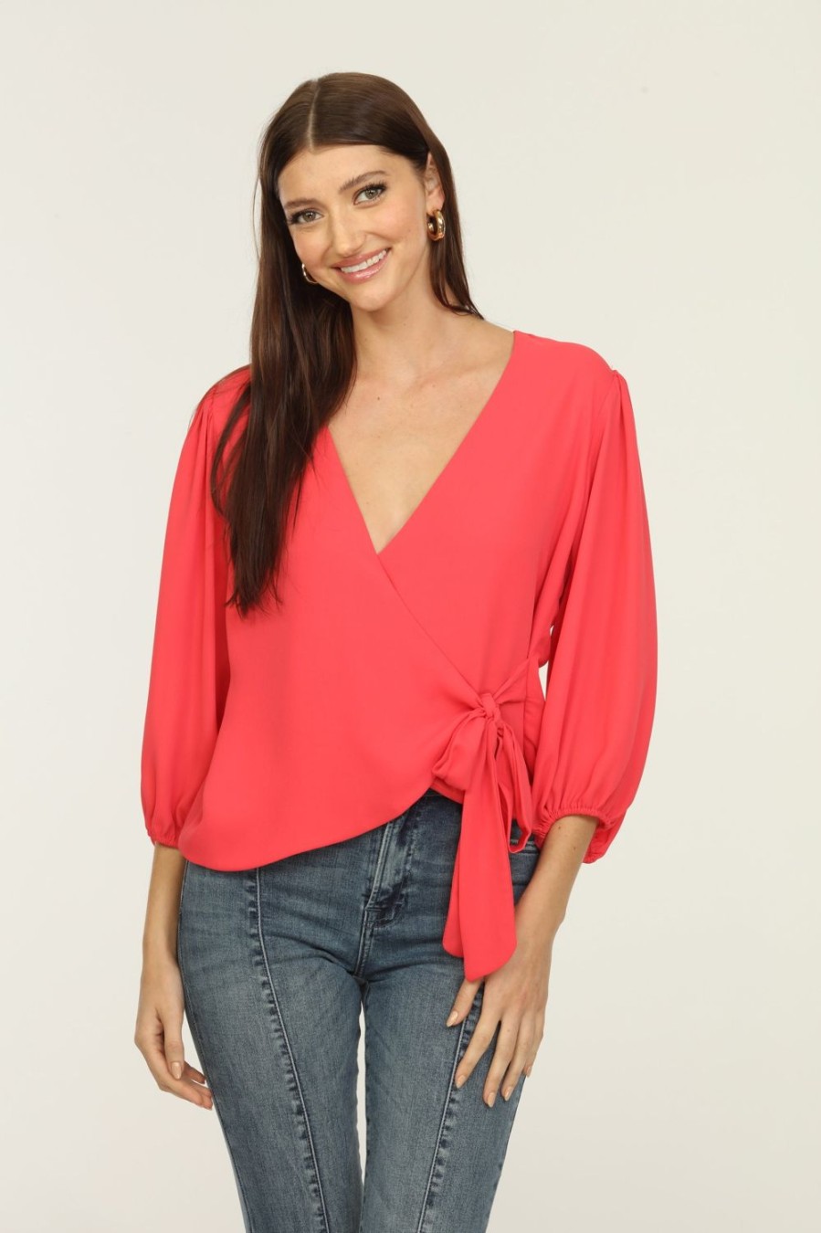 Vacation Veronica M | Coral Bubble Sleeve Wrap Blouse