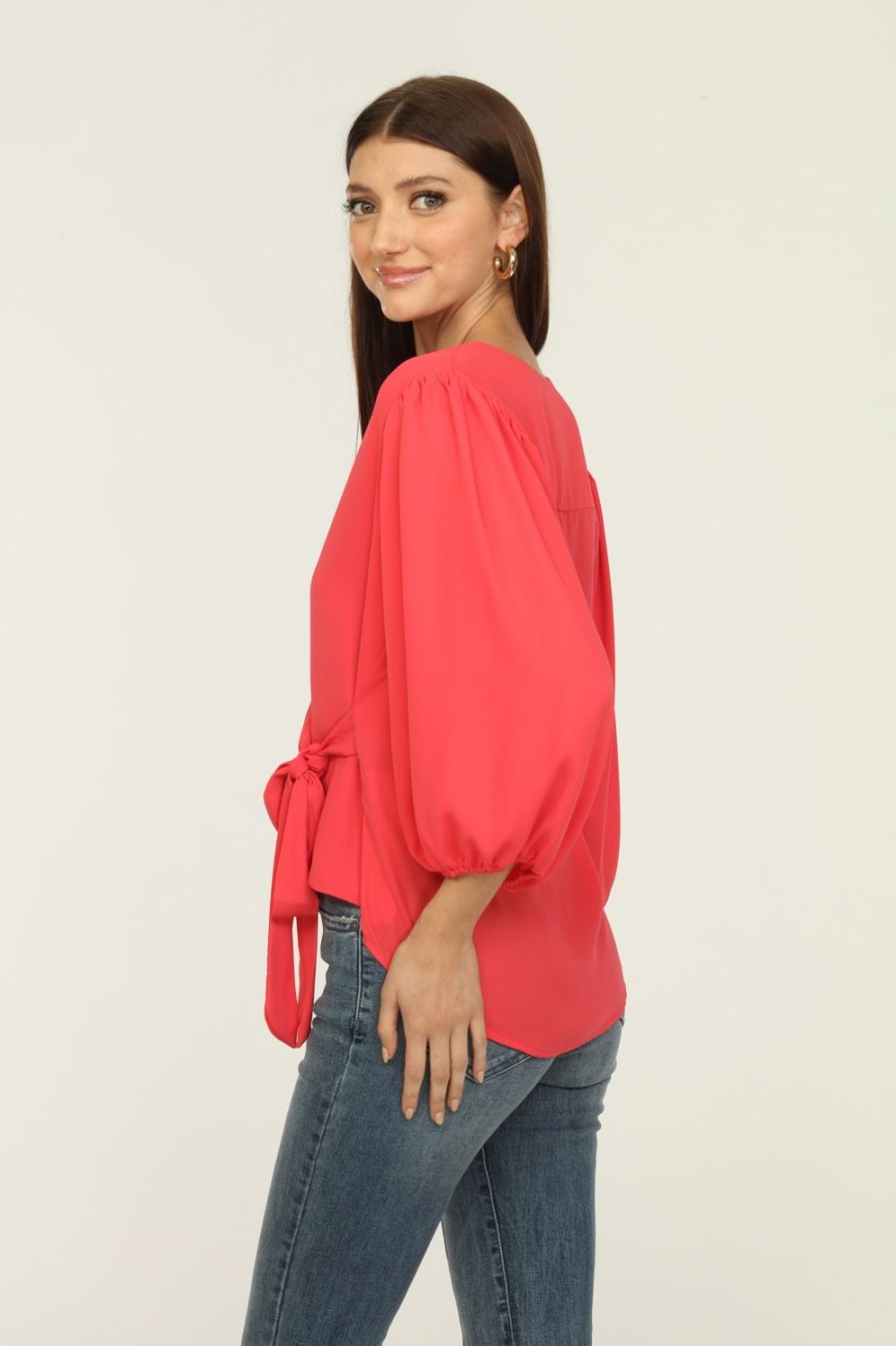 Vacation Veronica M | Coral Bubble Sleeve Wrap Blouse