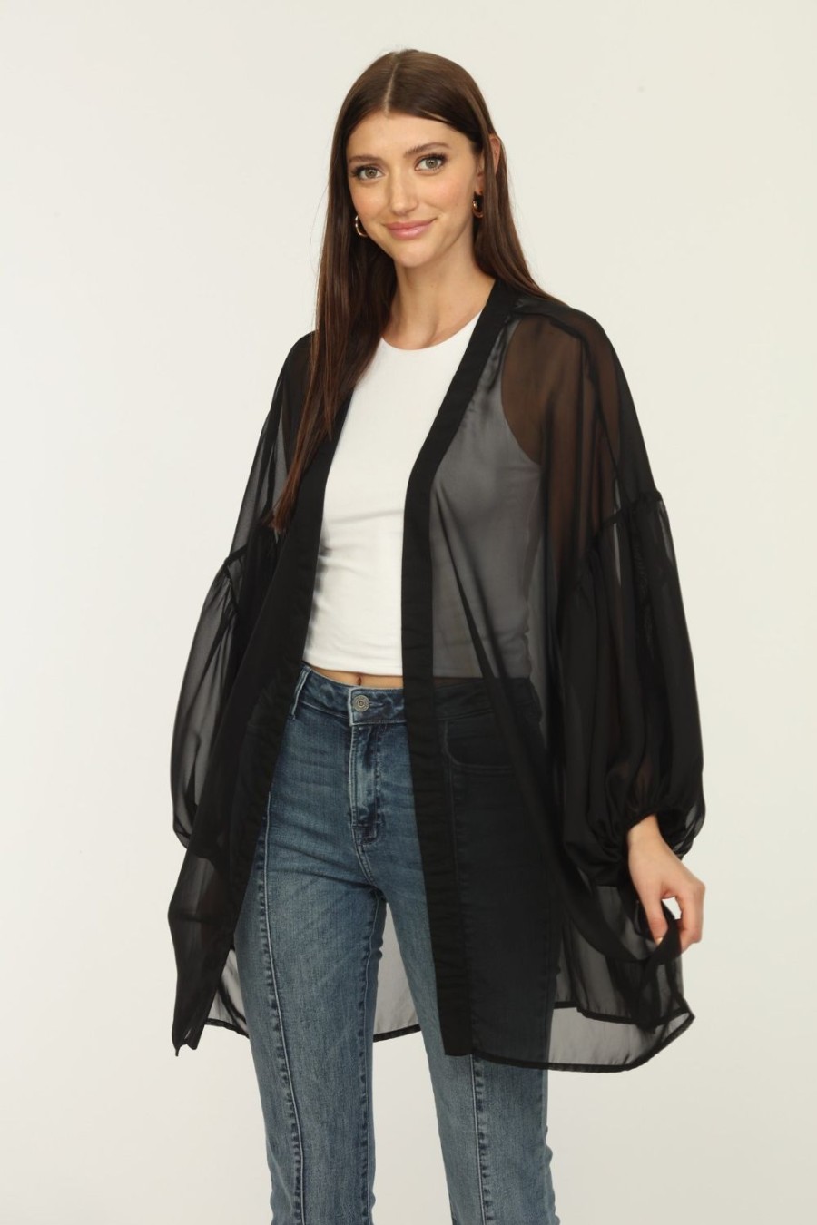 Clothing Veronica M Ponchos | Black Chiffon Kimono