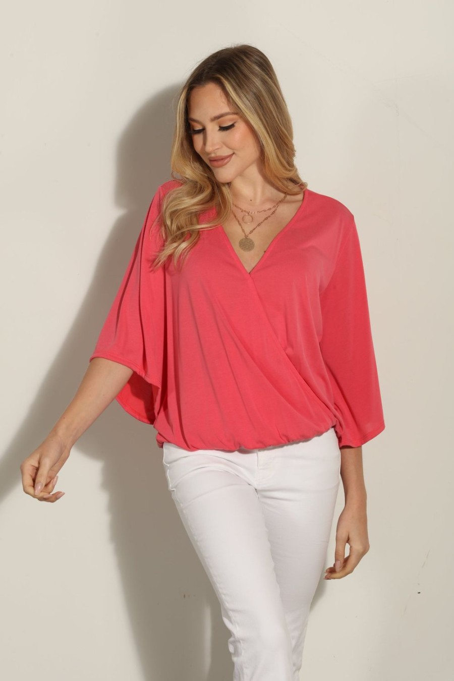 Clothing Veronica M Cupro Tops | Coral Cupro Surplice Top-Best Seller