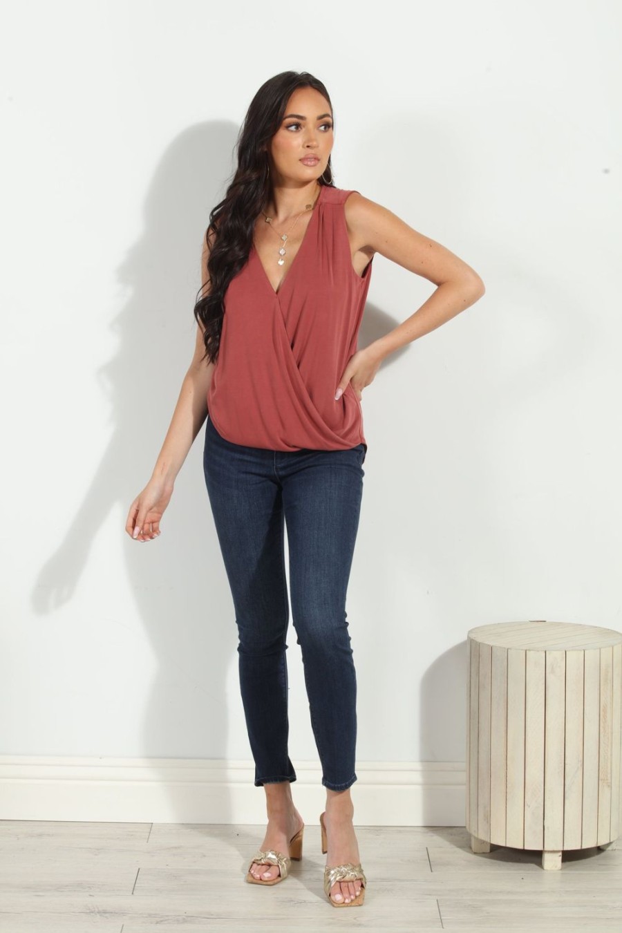 Clothing Veronica M Cupro Tops | The Everyday Cupro Surplice Tank- Dark Marsala- Best Seller