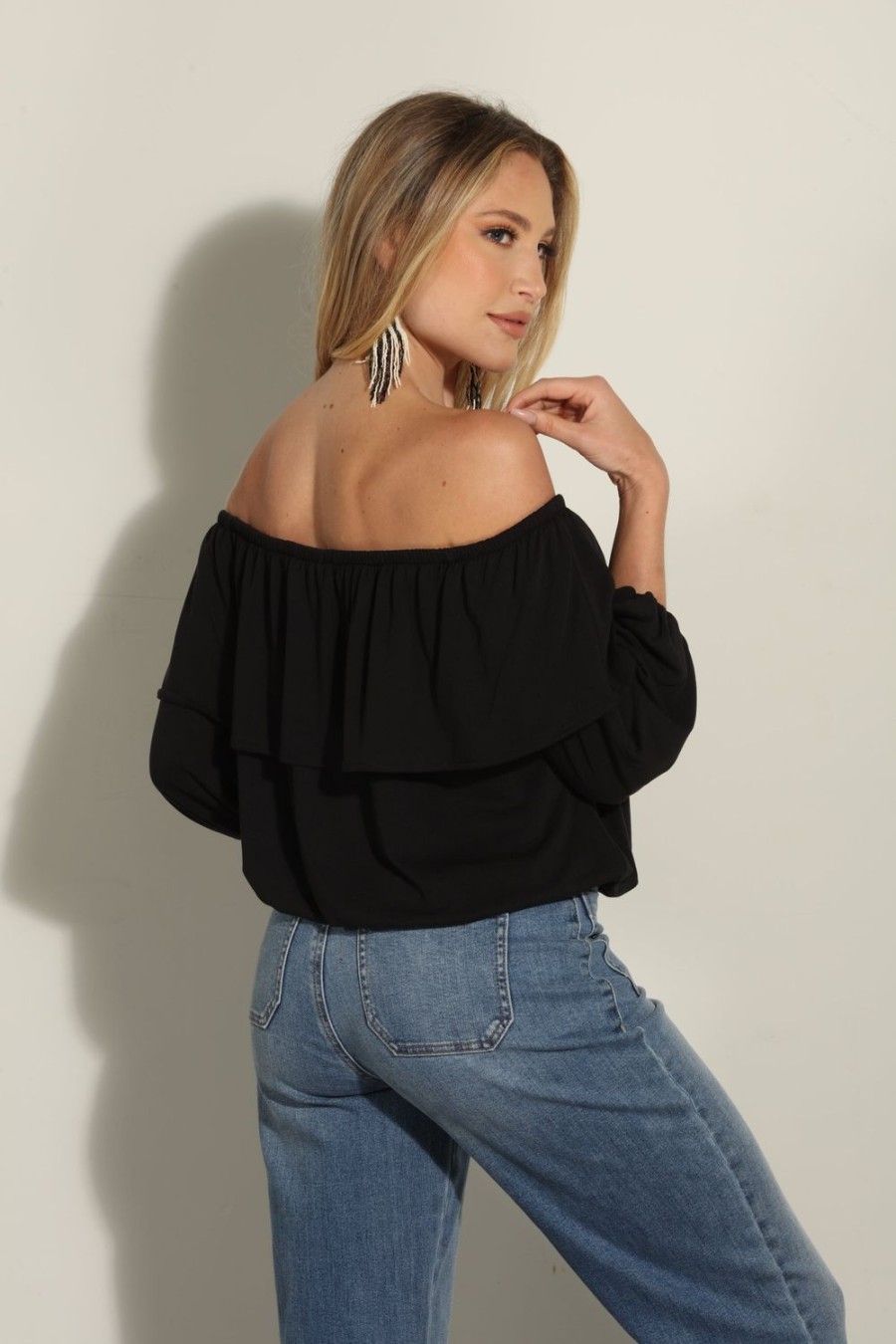 Clothing Veronica M Cupro Tops | Black Cupro Ots Ruffle Top