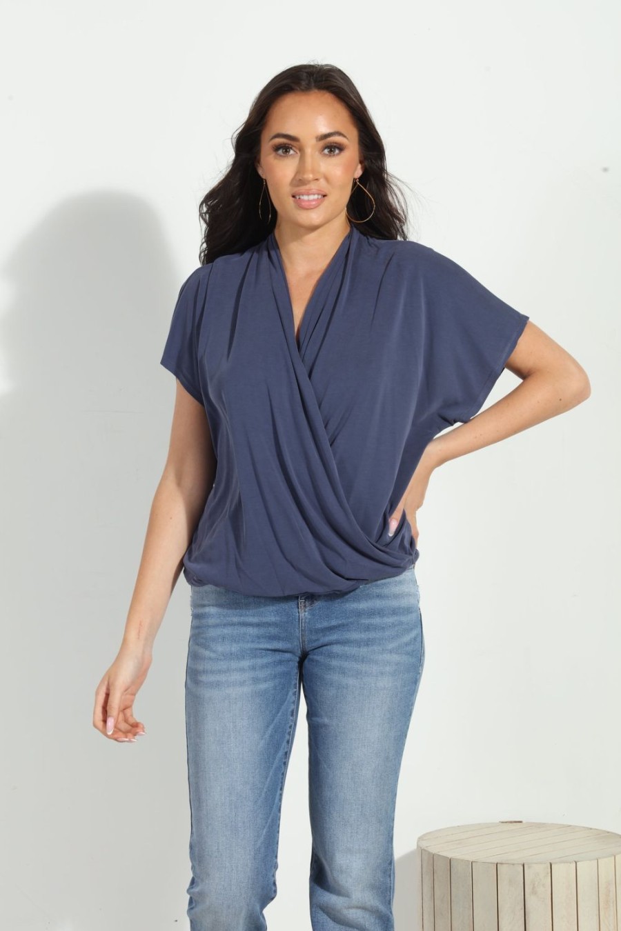 Clothing Veronica M Cupro Tops | Navy Cupro Surplice Tee-Best Seller