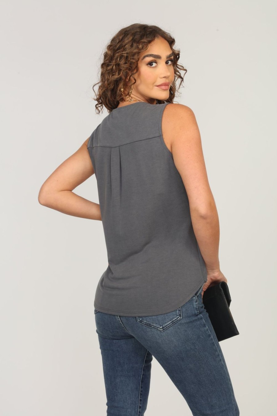 Clothing Veronica M Cupro Tops | The Everyday Cupro Surplice Tank-Charcoal- Best Seller