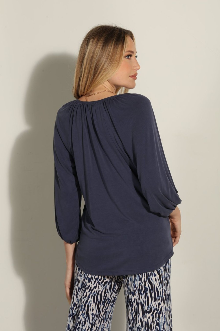 Clothing Veronica M Cupro Tops | Navy Cupro Stretch Split Neck Top