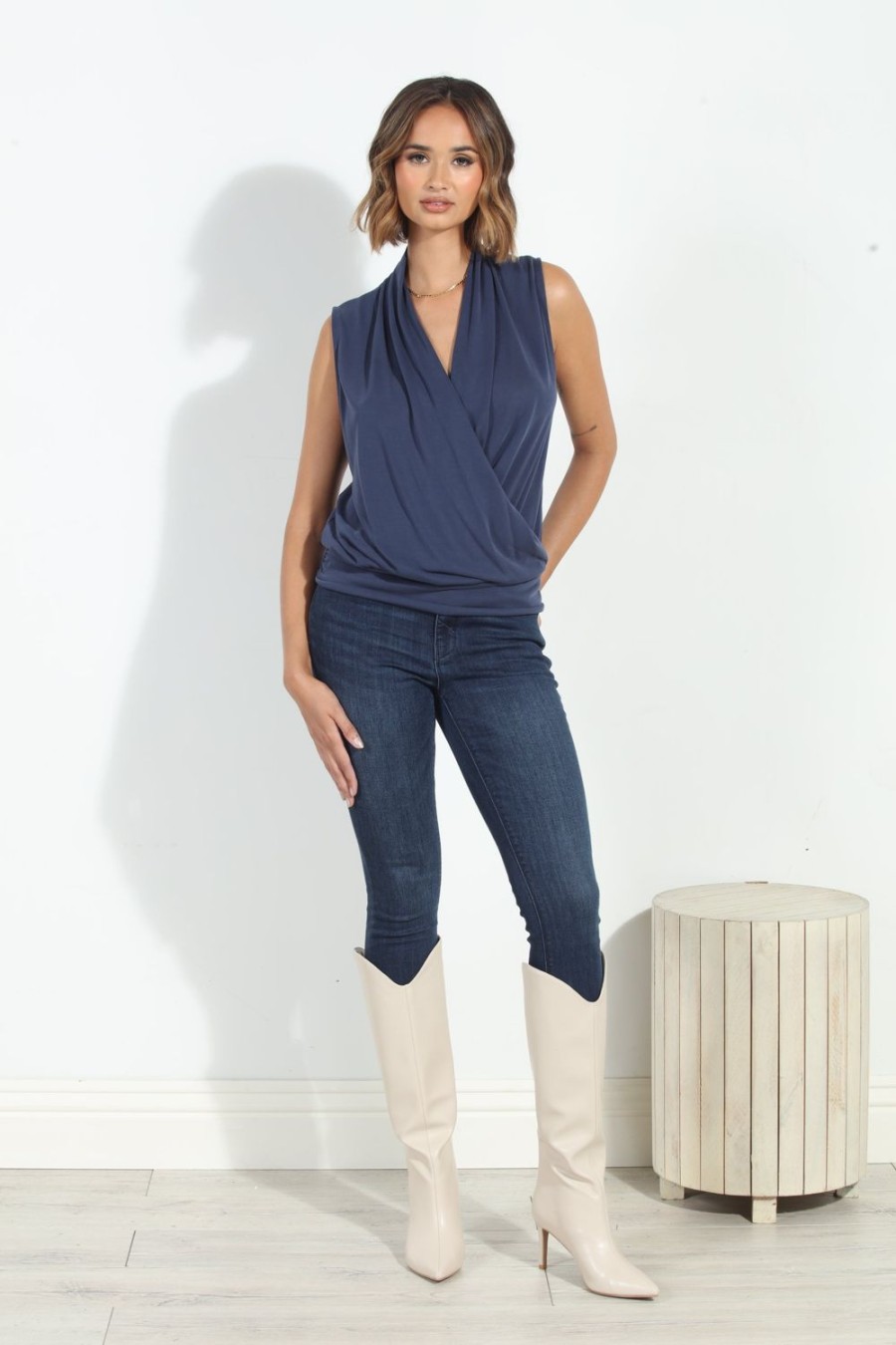 Clothing Veronica M Cupro Tops | Navy Cupro Banded Surplice Tank-Best Sellers