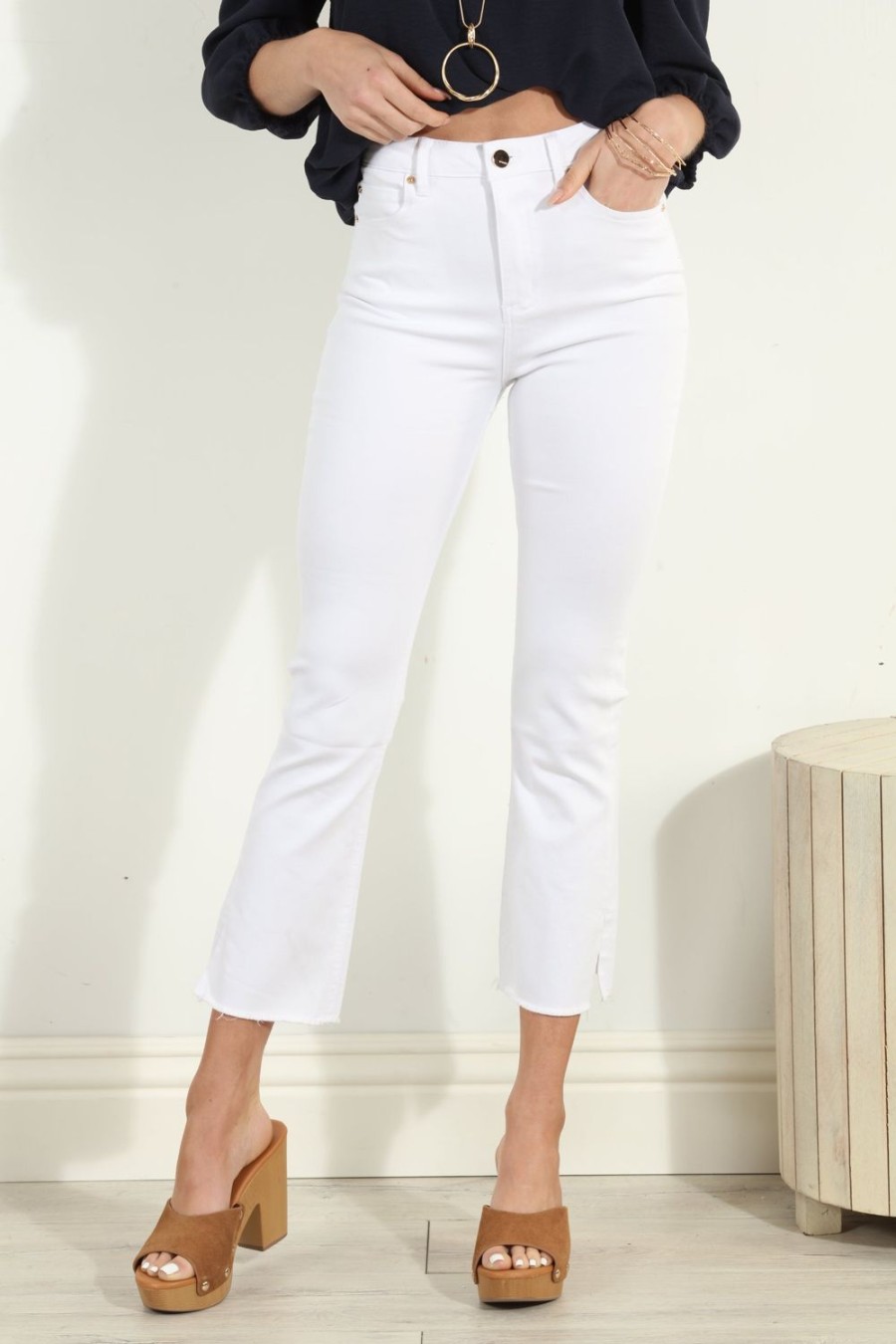 Clothing Veronica M Denim Shop | Trctr White High Rise Crop Flare Side Slit Jeans