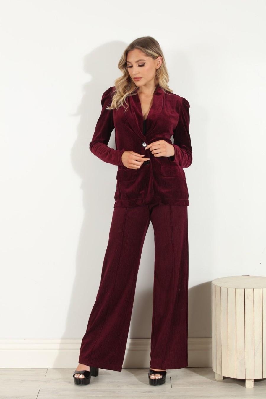 Clothing Veronica M Jackets + Blazers | Merlot Velvet Shirred Blazer-Best Seller