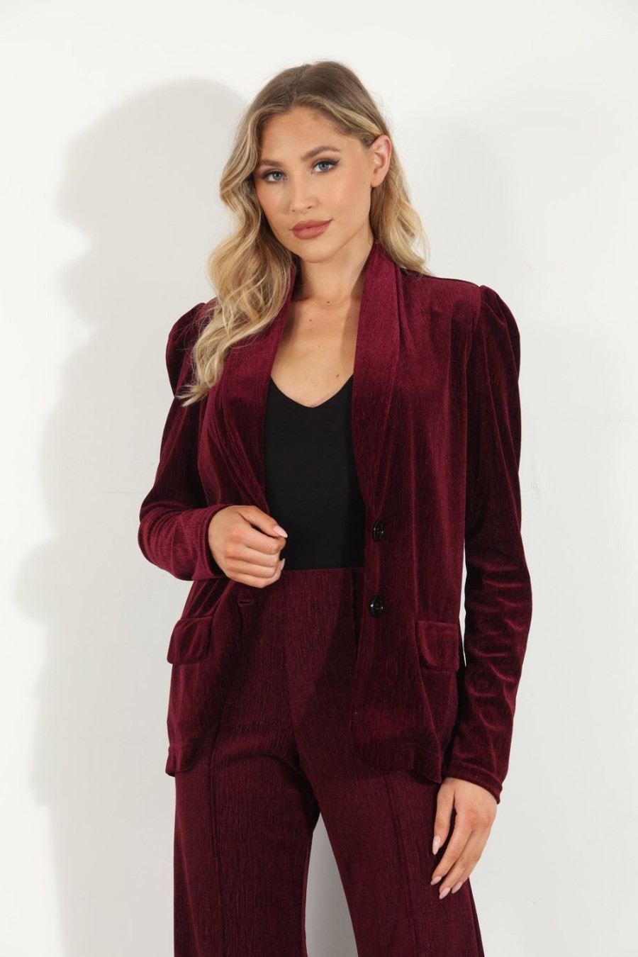 Clothing Veronica M Jackets + Blazers | Merlot Velvet Shirred Blazer-Best Seller