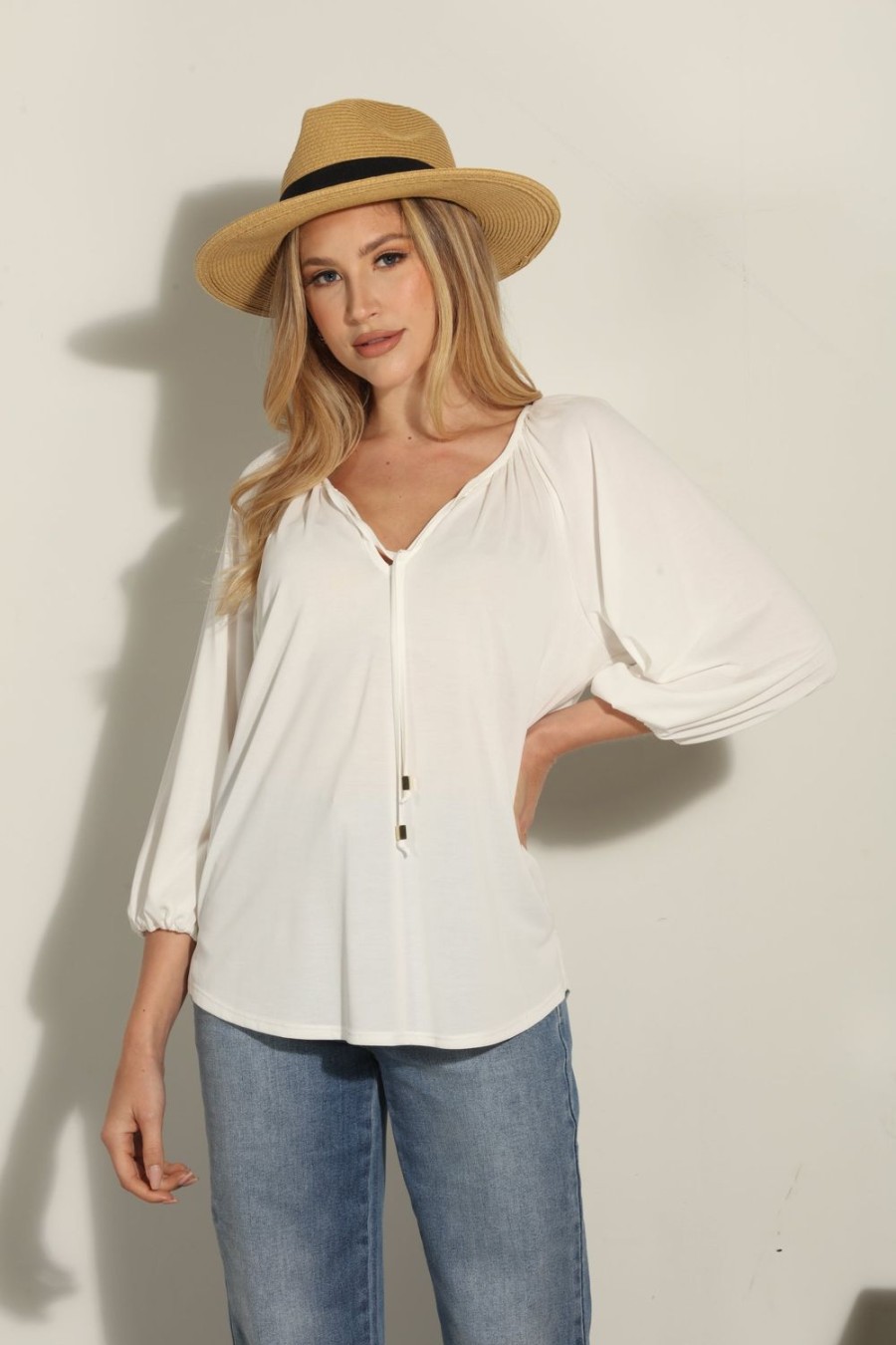 Clothing Veronica M Cupro Tops | Ivory Cupro Stretch Split Neck Top