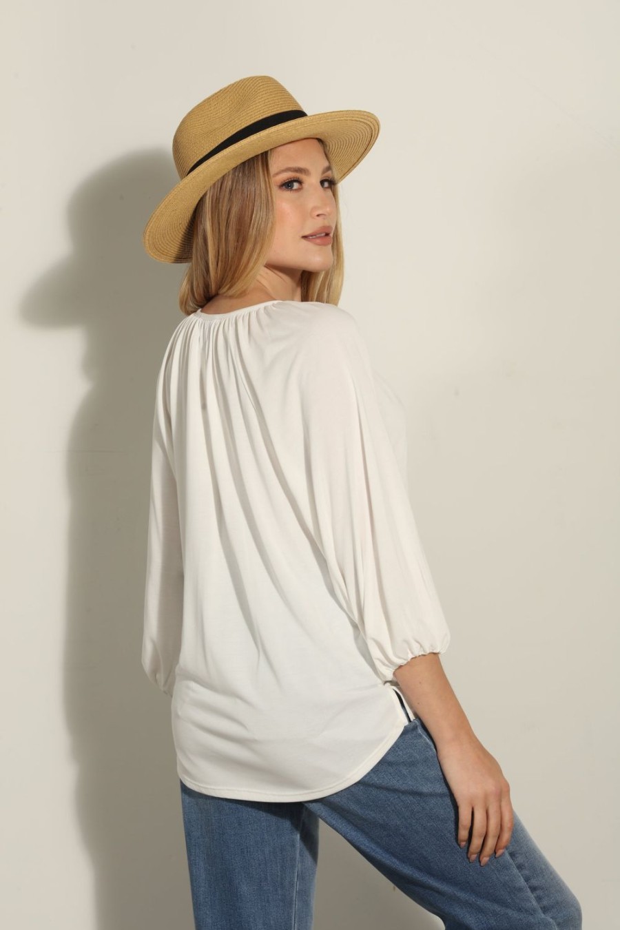 Clothing Veronica M Cupro Tops | Ivory Cupro Stretch Split Neck Top