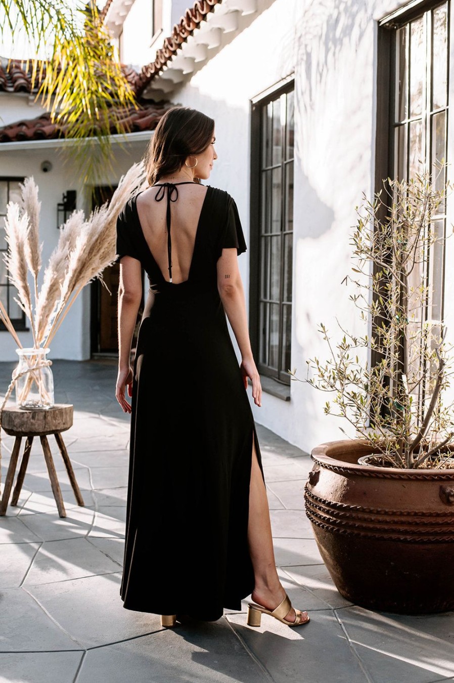 Clothing Veronica M Maxi Dresses | Black Stretch Deep V Flutter Sleeve Maxi Dress - Best Seller