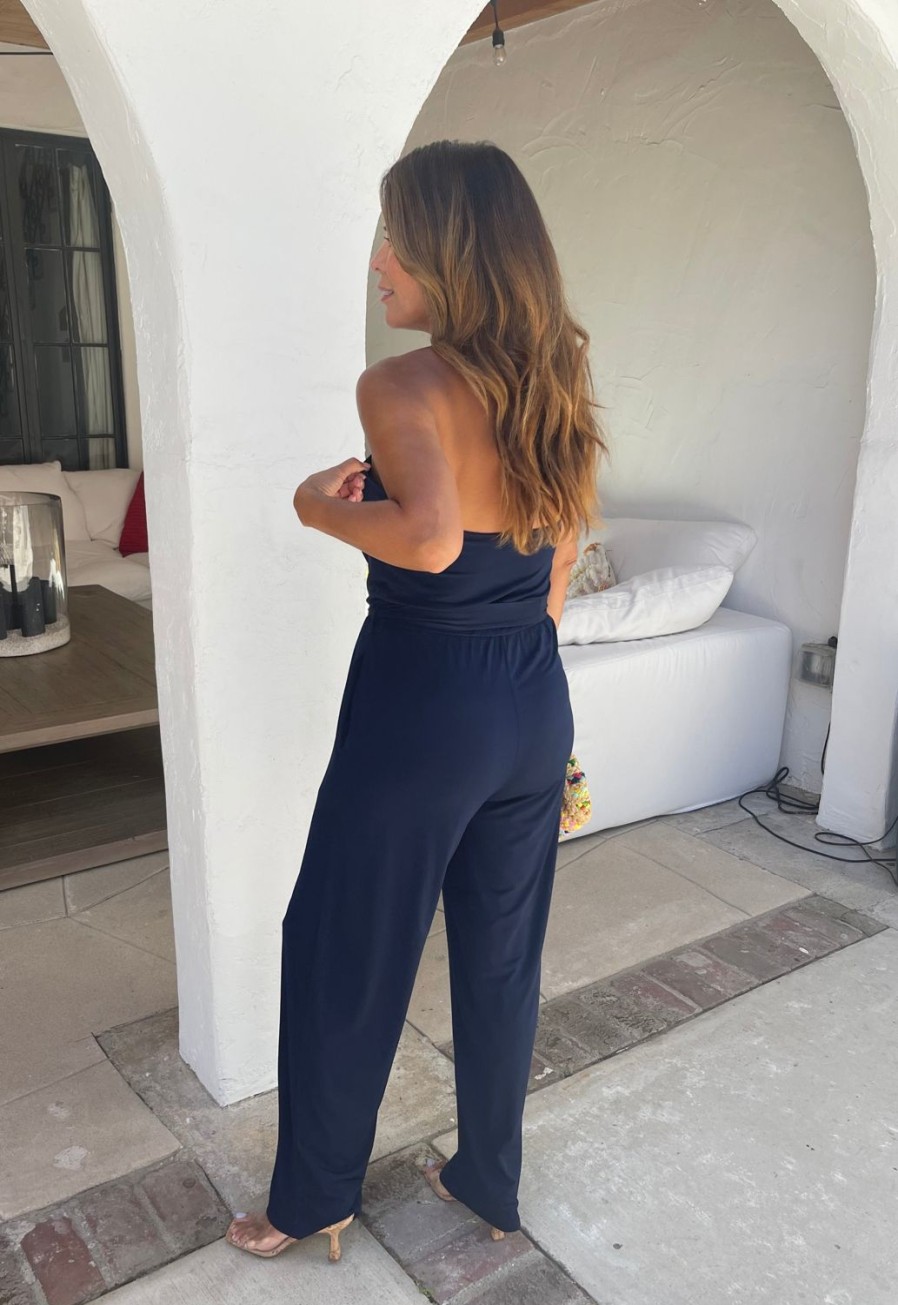 Clothing Veronica M | Navy High Neck Halter Stretch Jumpsuit