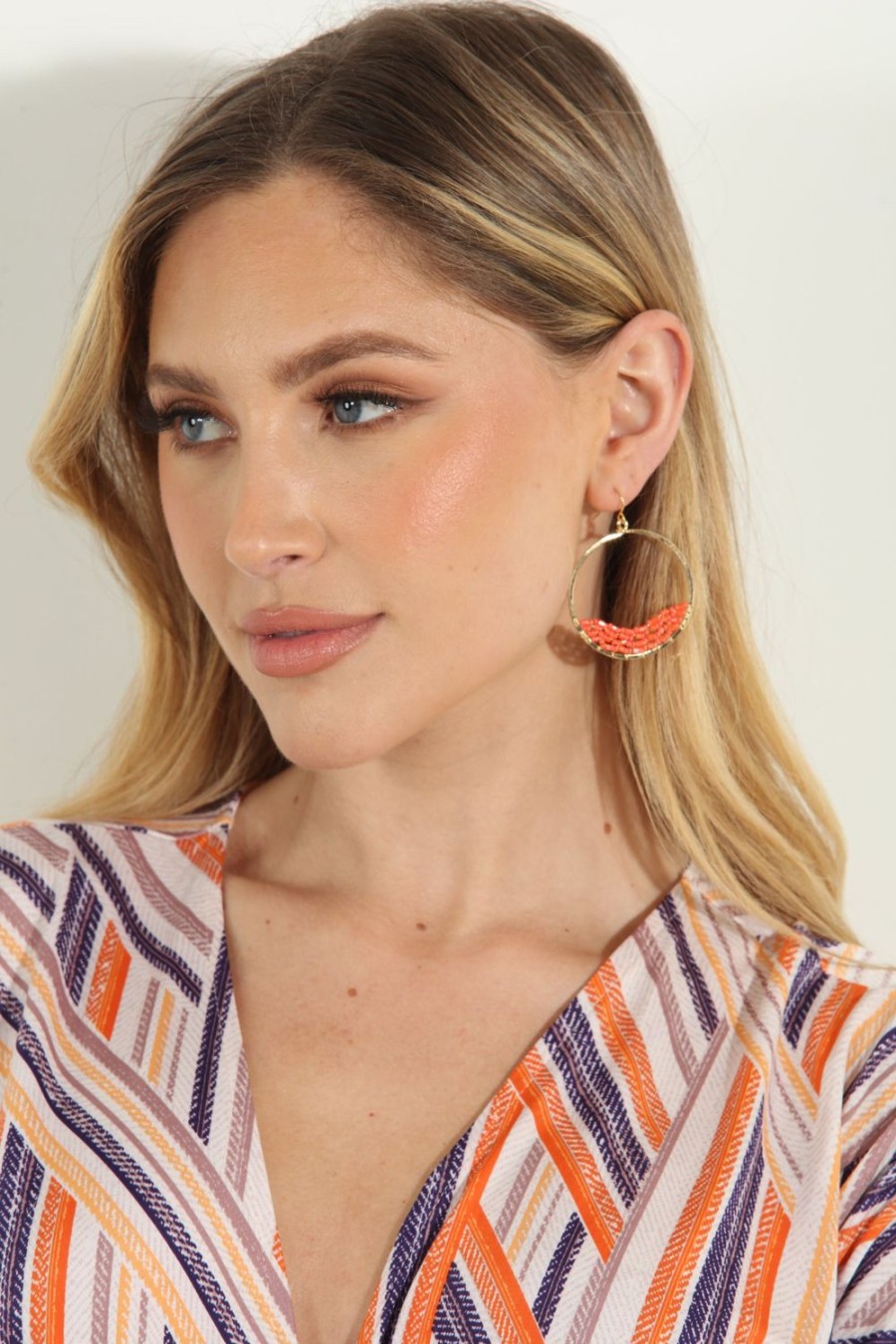 Accessories Veronica M | Coral Beaded Dangle Hoop Earrings