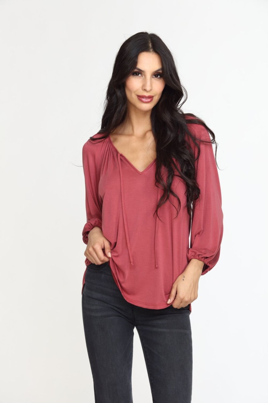 Clothing Veronica M Cupro Tops | Sangria Cupro Stretch Split Neck Top