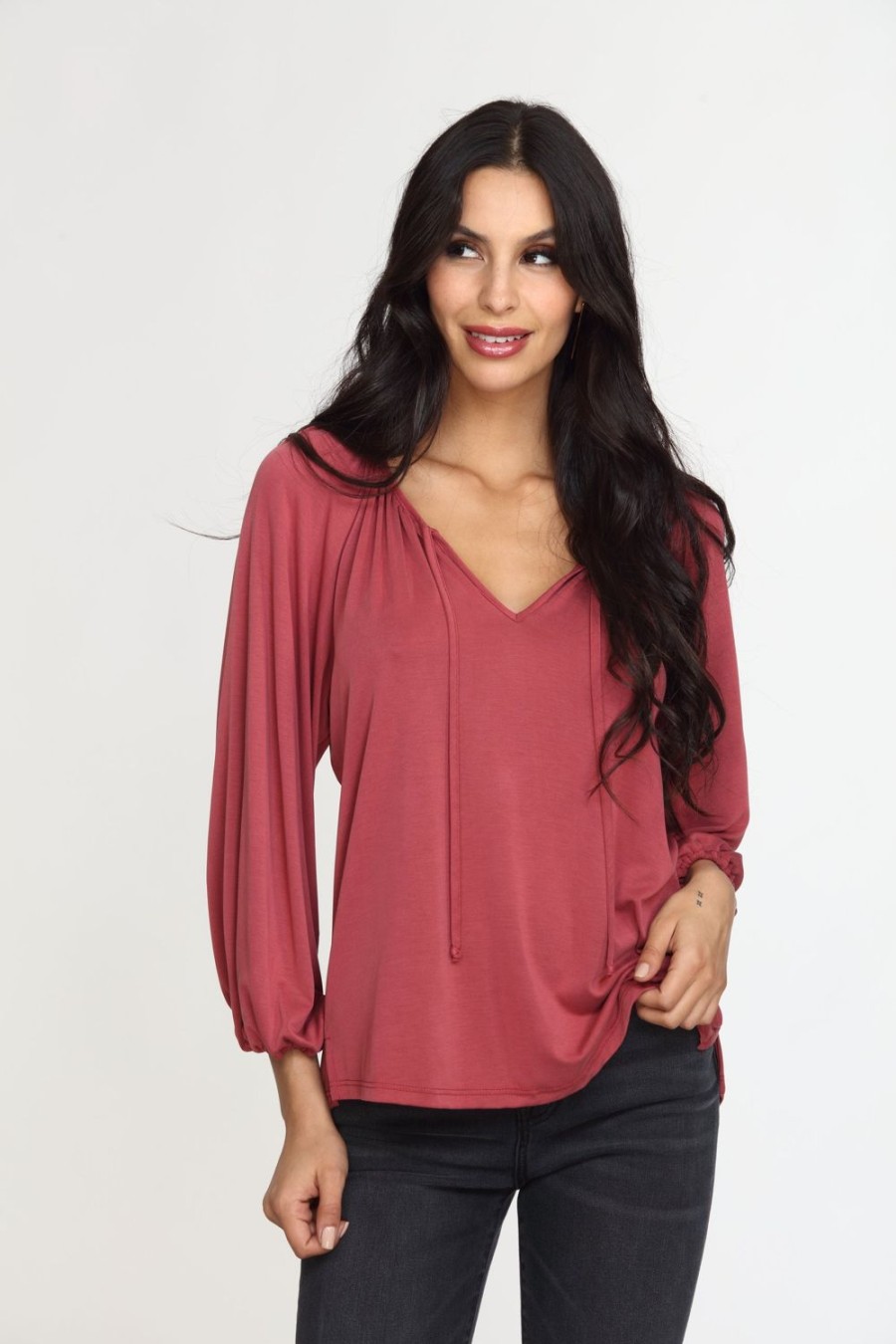 Clothing Veronica M Cupro Tops | Sangria Cupro Stretch Split Neck Top