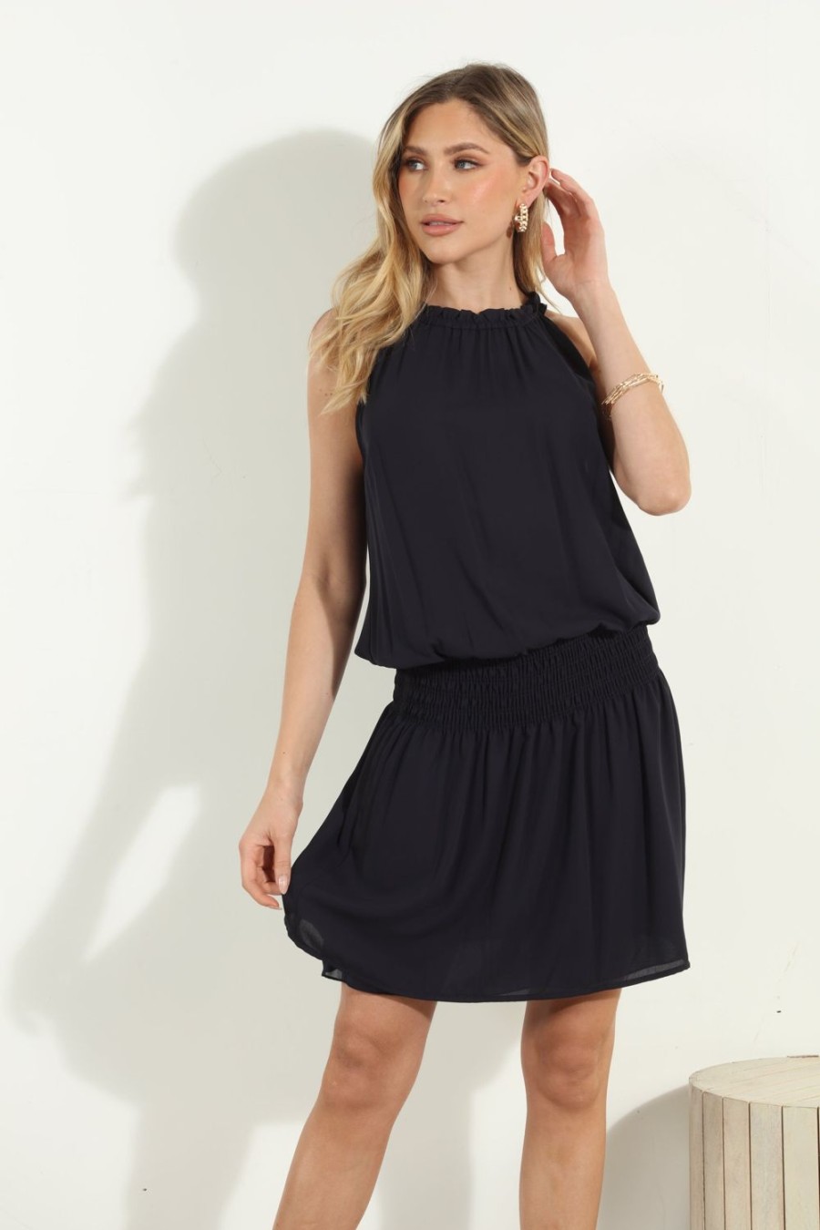 Vacation Veronica M | Jet Navy Pleated Neck Dress