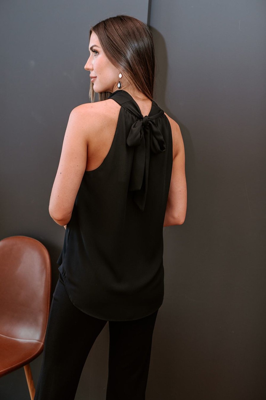 Clothing Veronica M Longer Length Tops | Black Twist Halter Sleeveless Blouse