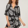 Vacation Veronica M | Black And White Palm Leaf Kimono Sleeve Stretch Romper -