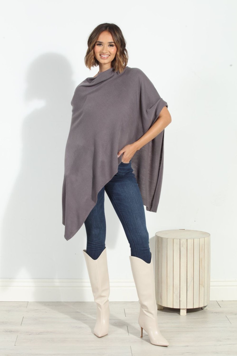 Clothing Veronica M Ponchos | Dark Grey Throw-On Poncho- New Color