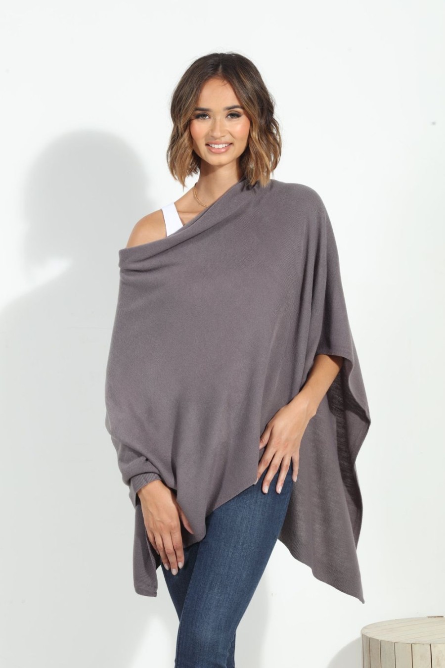 Clothing Veronica M Ponchos | Dark Grey Throw-On Poncho- New Color