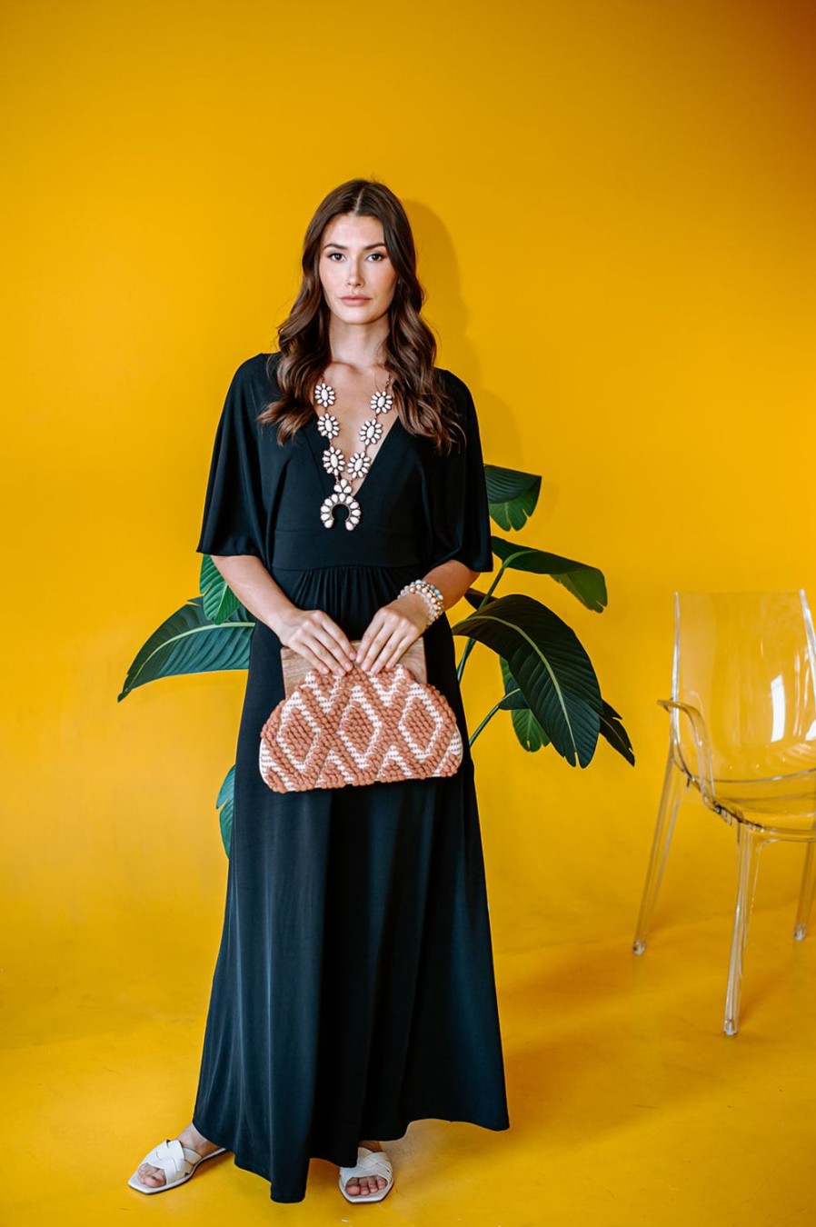 Clothing Veronica M Maxi Dresses | Black Stretch Kimono Sleeve Maxi Dress -