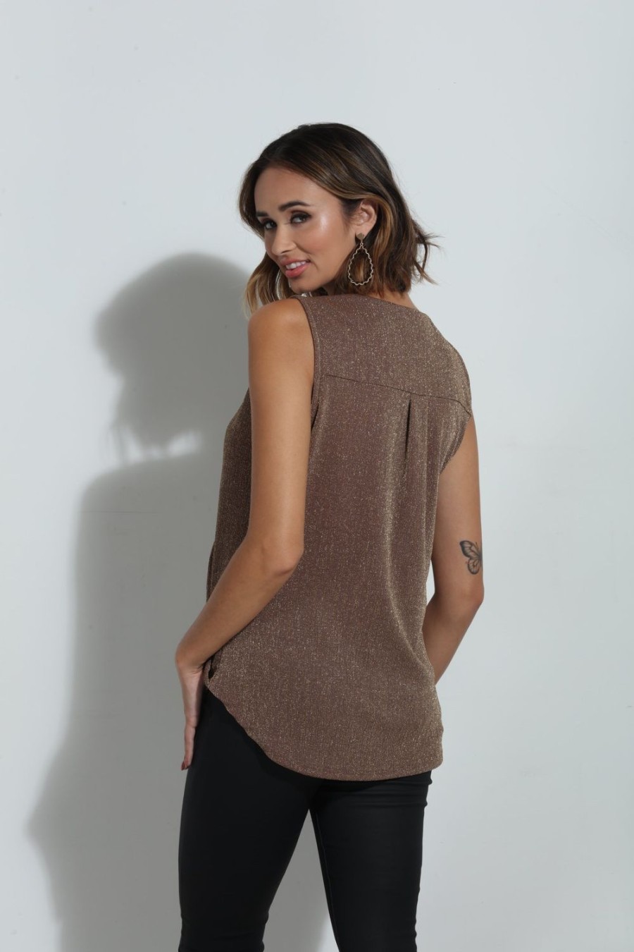 Clothing Veronica M Cupro Tops | The Everyday Surplice Tank-Cocoa & Gold Sparkle -Best Seller