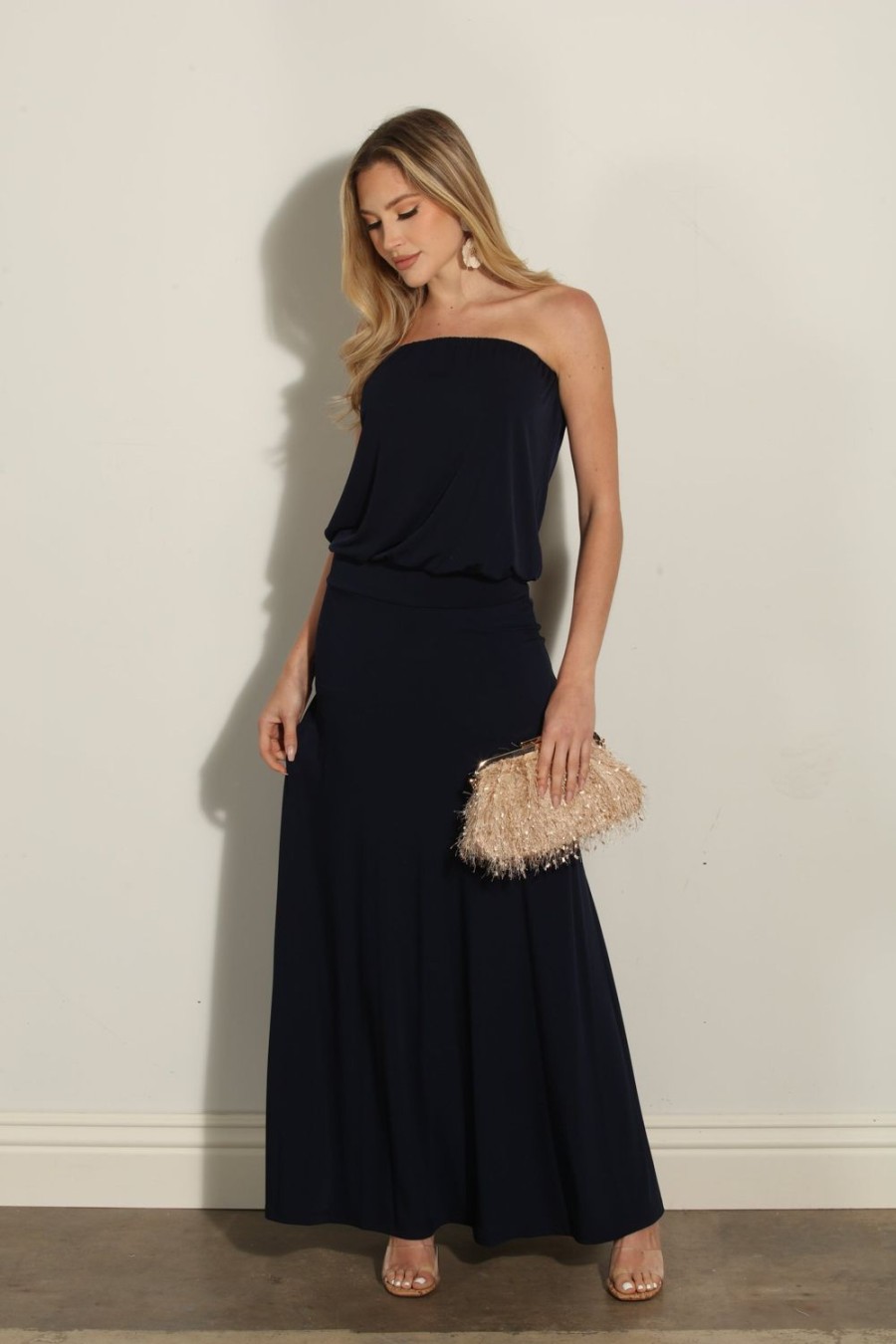 Clothing Veronica M Maxi Dresses | Navy Stretch Strapless Dropwaist Maxi Dress-Best Seller