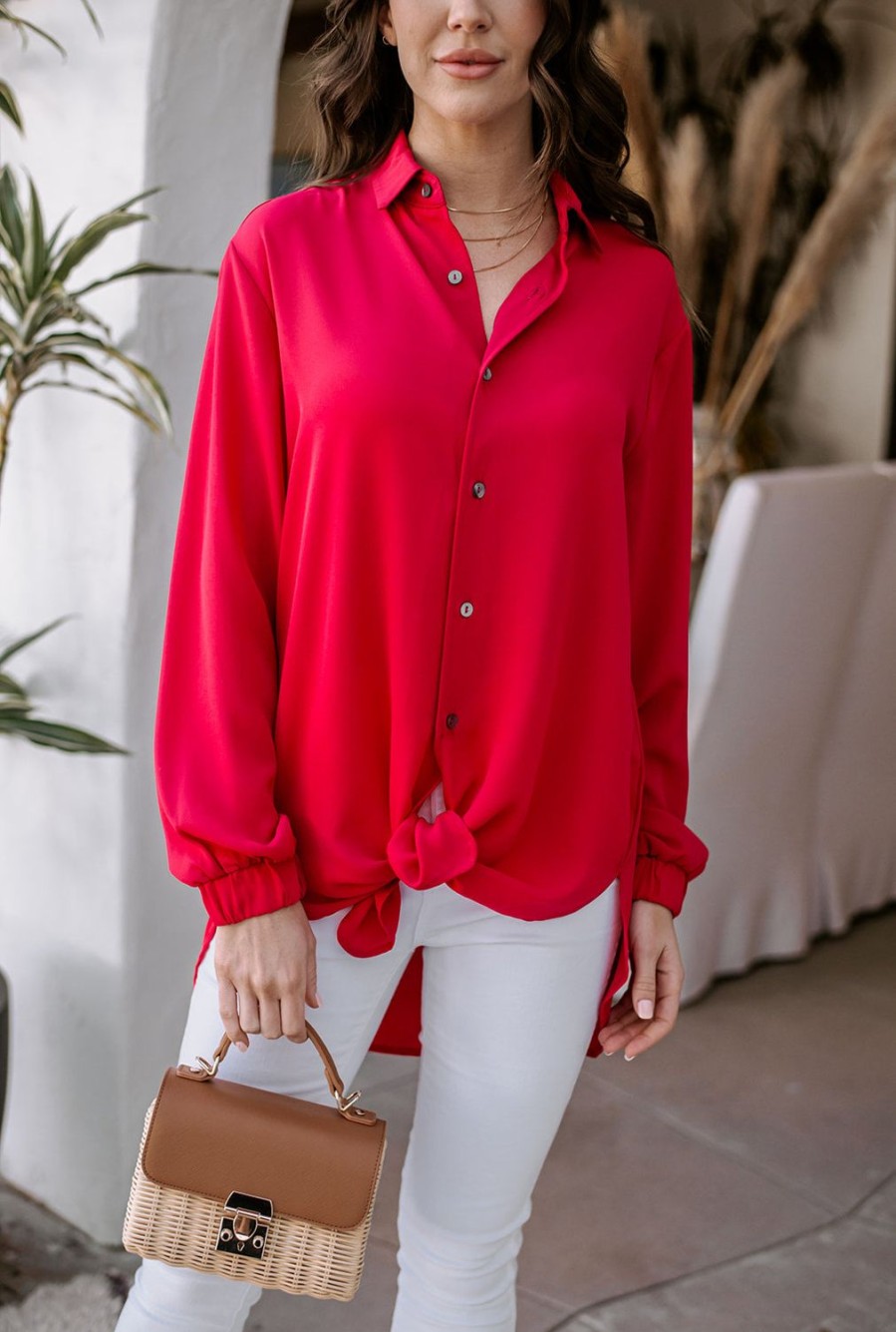 Clothing Veronica M Longer Length Tops | Oversized Fuschia Button-Down Blouse -