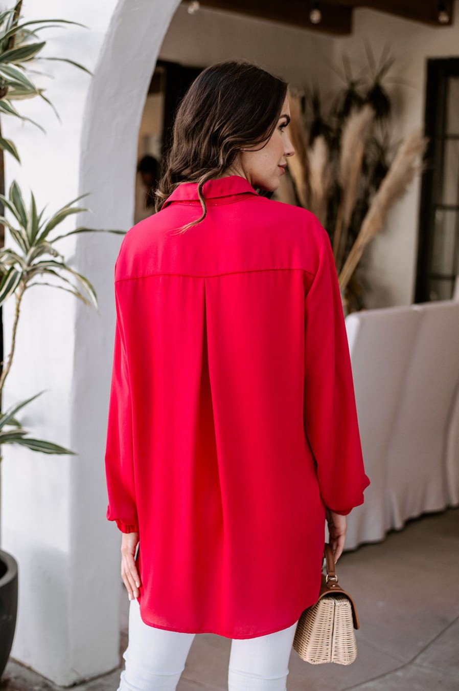 Clothing Veronica M Longer Length Tops | Oversized Fuschia Button-Down Blouse -