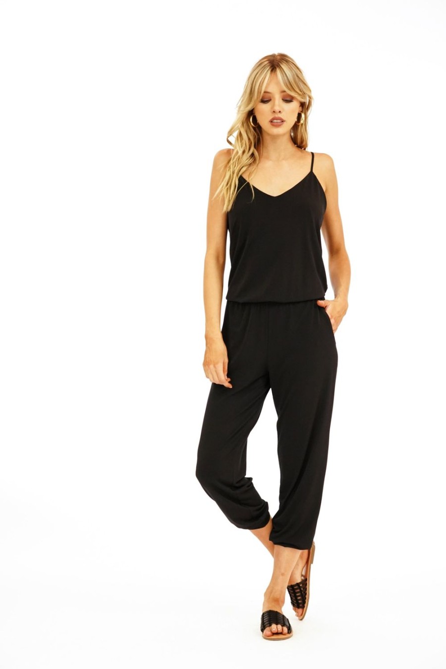 Clothing Veronica M | Black Spaghetti Drop Waist Jumpsuit