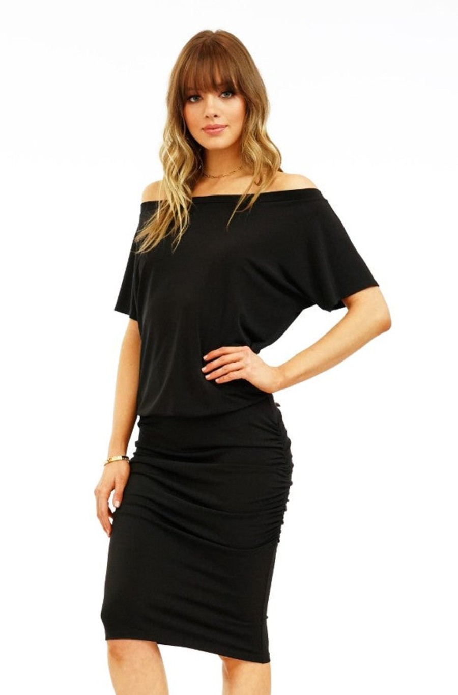 Vacation Veronica M | Black Wide Neck Shirred Stretch Dress-Best Seller