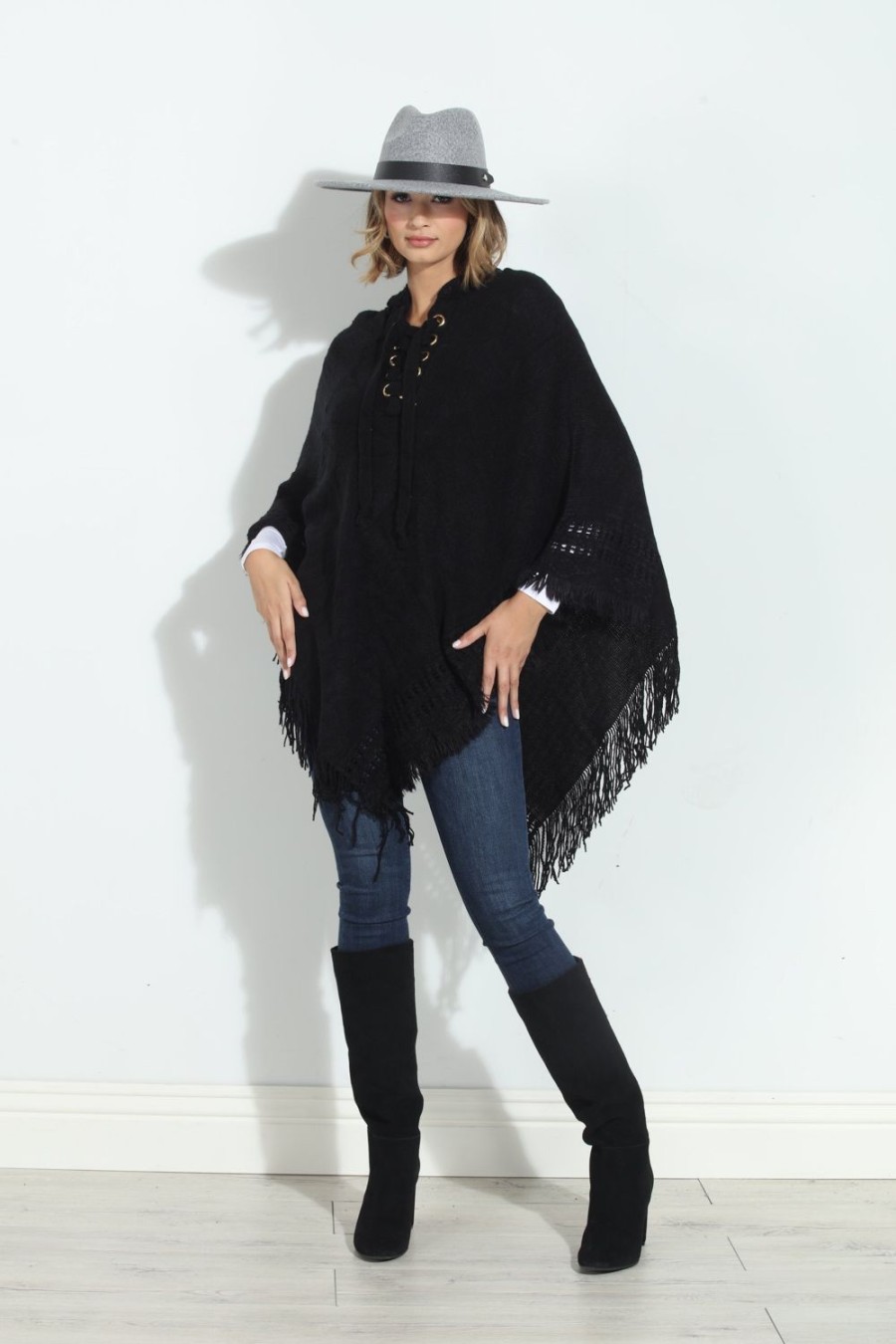 Clothing Veronica M Ponchos | Black Cozy Tassel Poncho-Best Seller