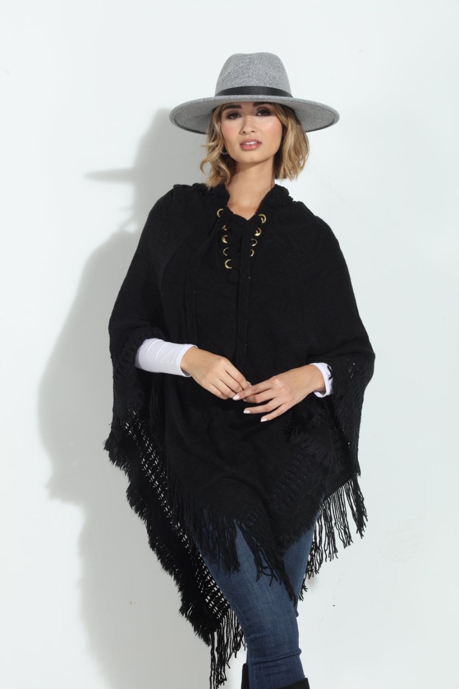 Clothing Veronica M Ponchos | Black Cozy Tassel Poncho-Best Seller