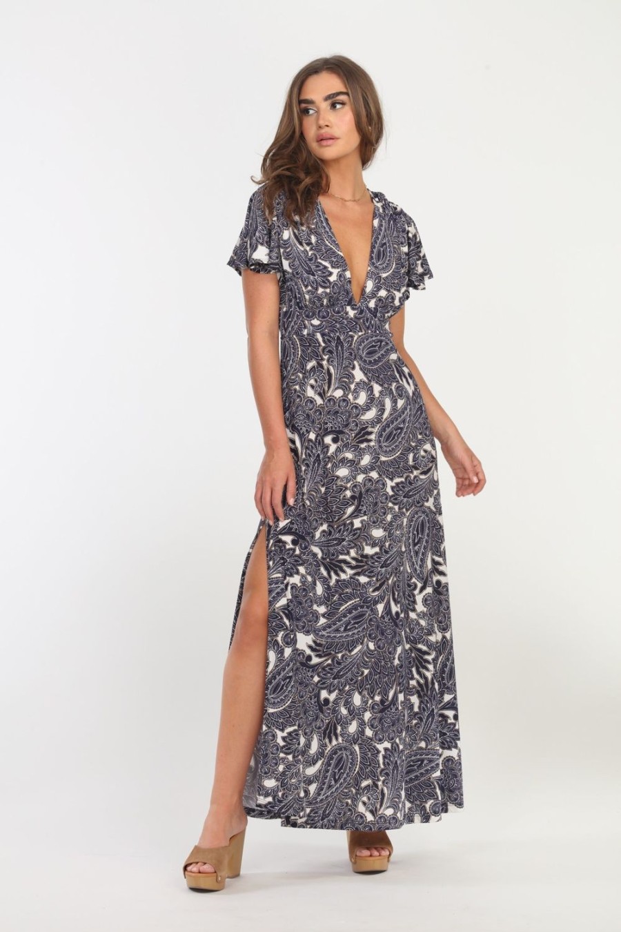 Clothing Veronica M Maxi Dresses | Wynter Deep V Flutter Sleeve Maxi Dress