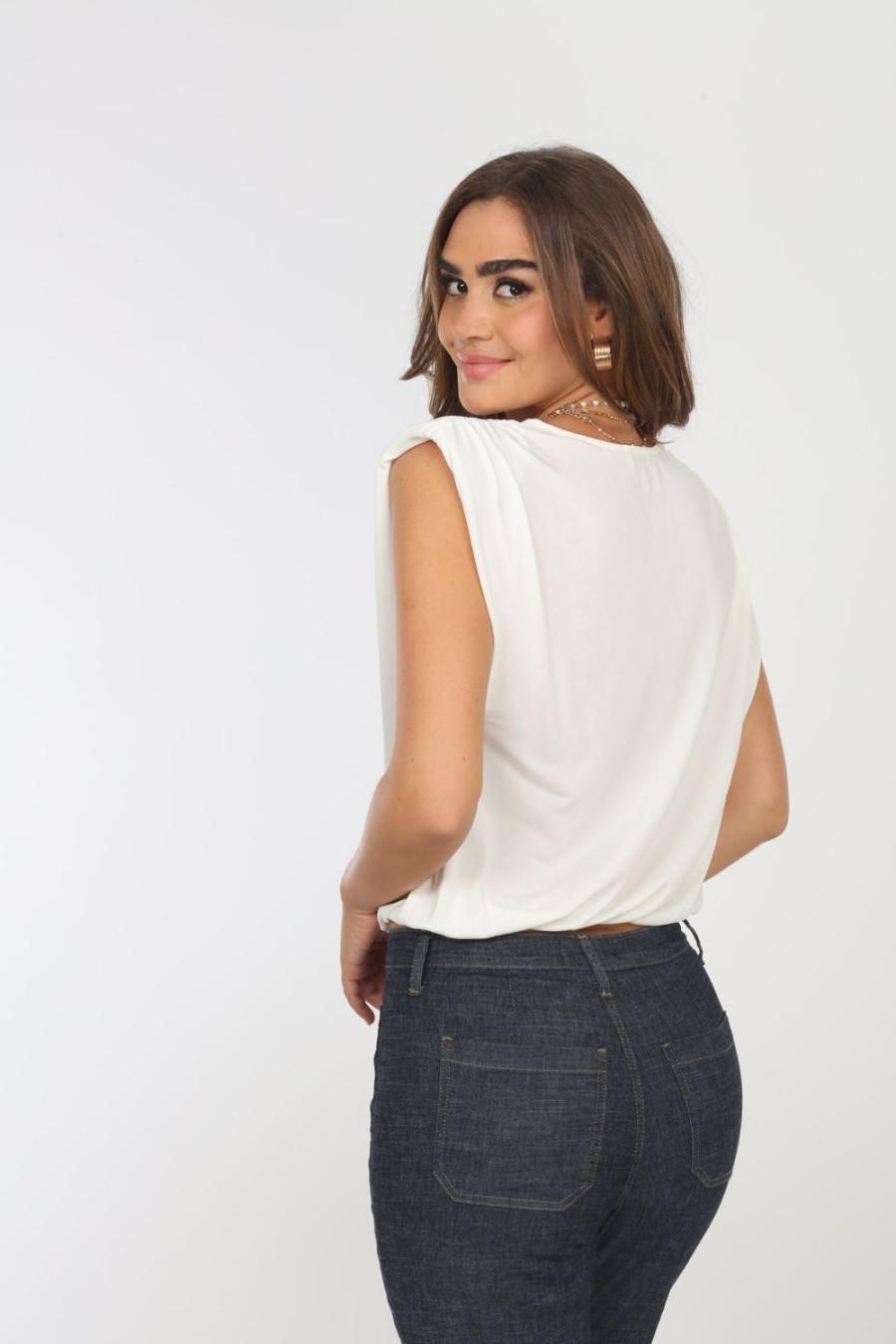 Clothing Veronica M Cupro Tops | Vanilla Cupro Surplice Top With Shoulder Pads