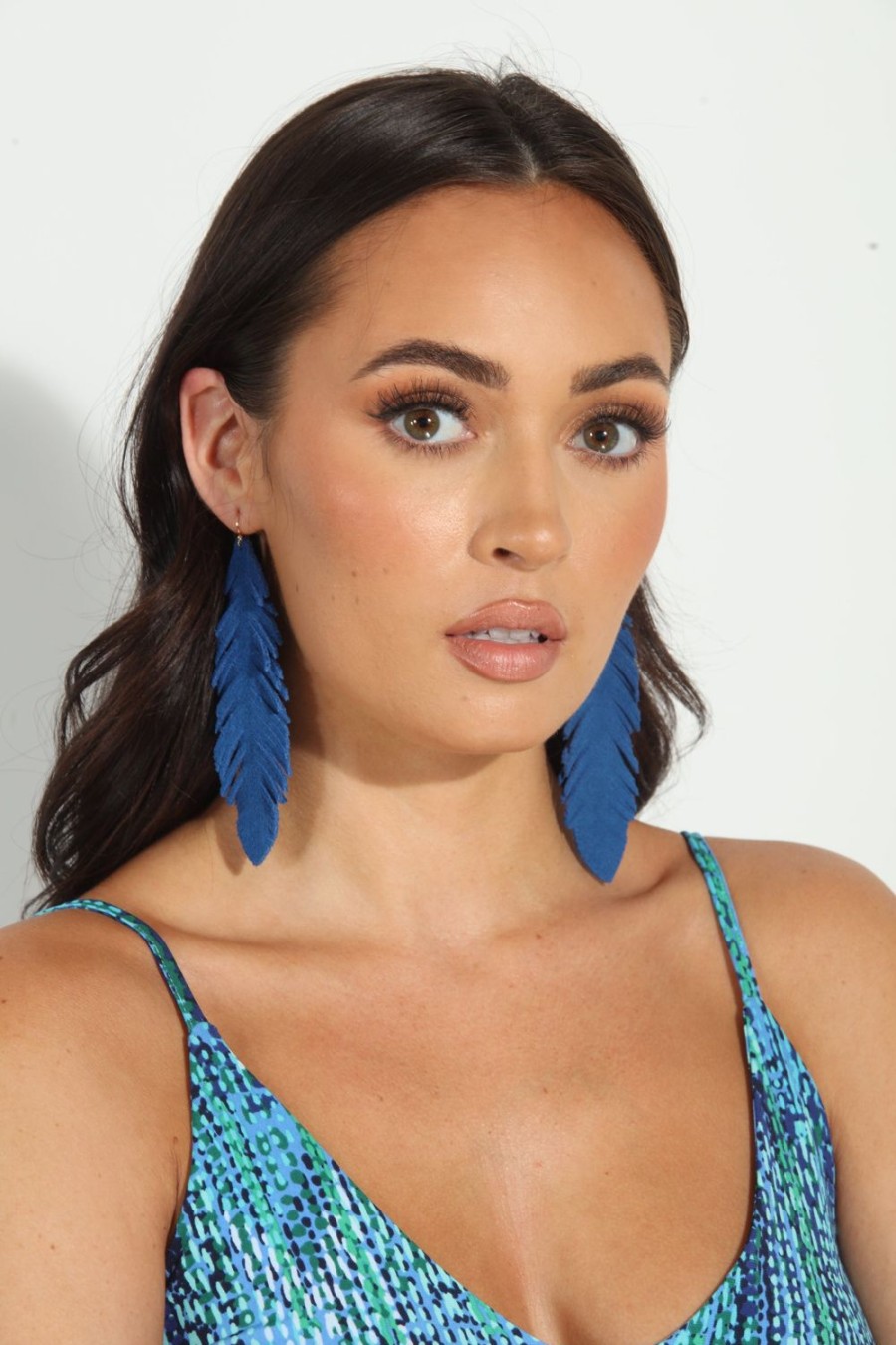 Accessories Veronica M | Blue Faux Leather Feather Earrings