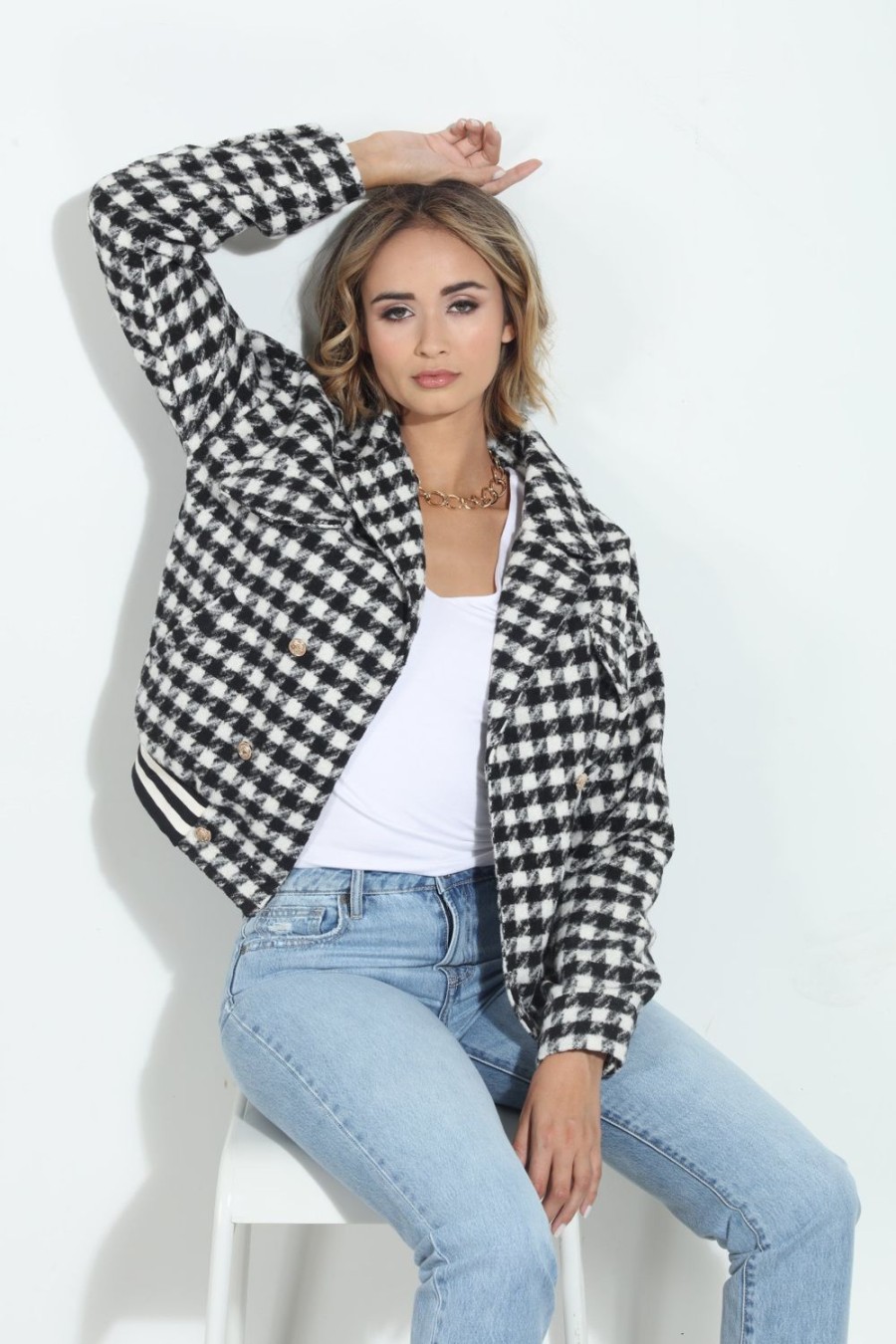 Clothing Veronica M Jackets + Blazers | Mystree Check Tweed Bomber Jacket