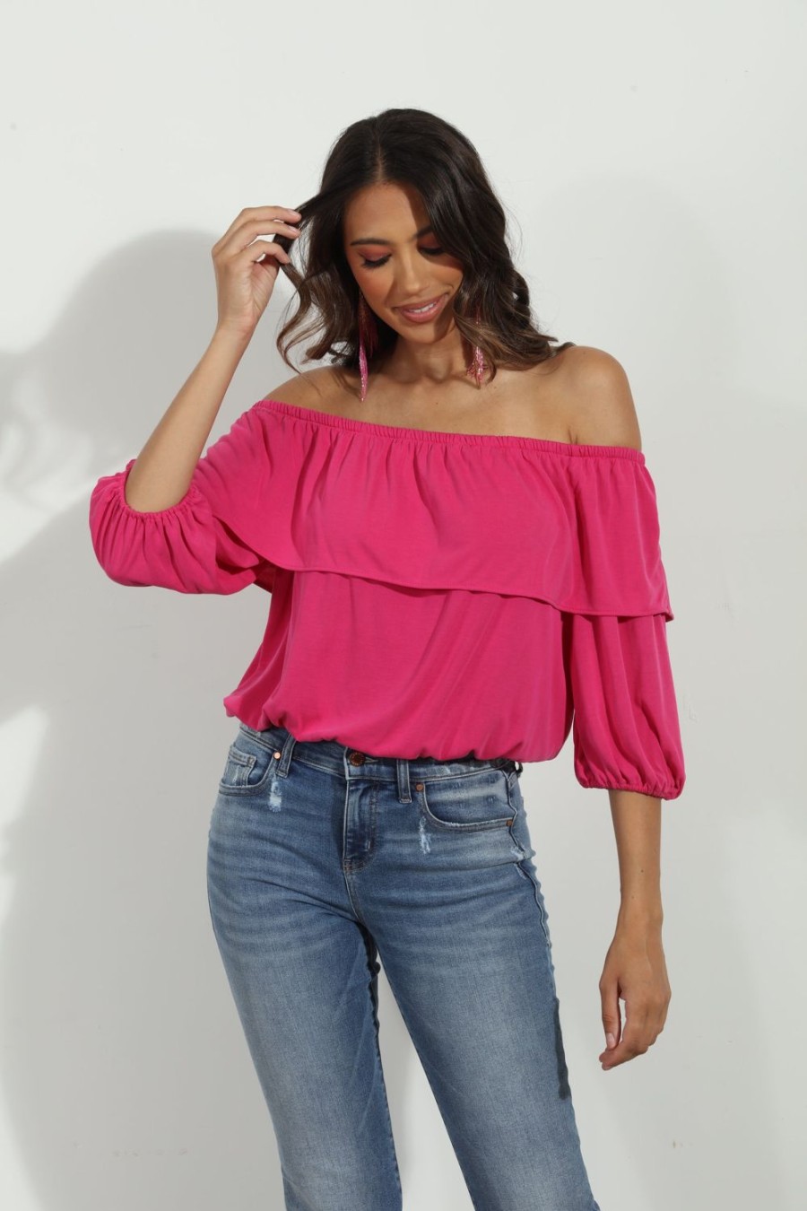 Clothing Veronica M Cupro Tops | Magenta Cupro Ots Ruffle Top